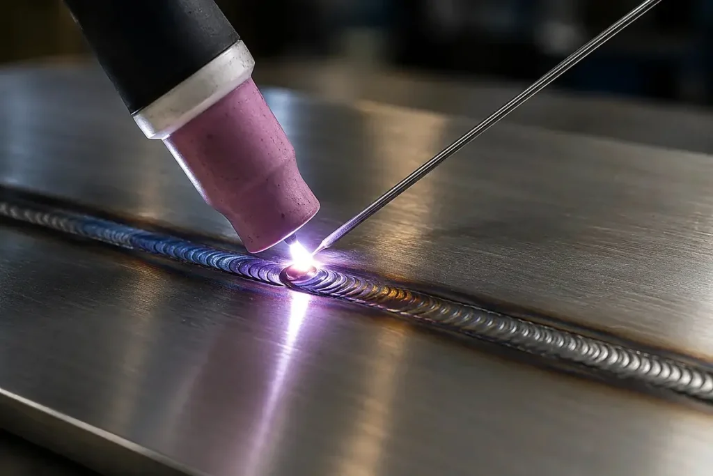 TIG-горелка формирует аккуратный сварной шов на нержавеющей стали